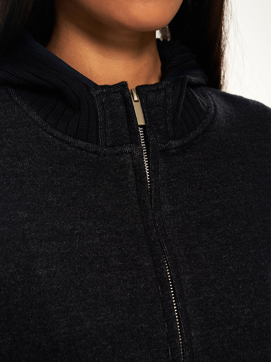 Hughum Navy blue knitted panel threaded sweatshirt jacket