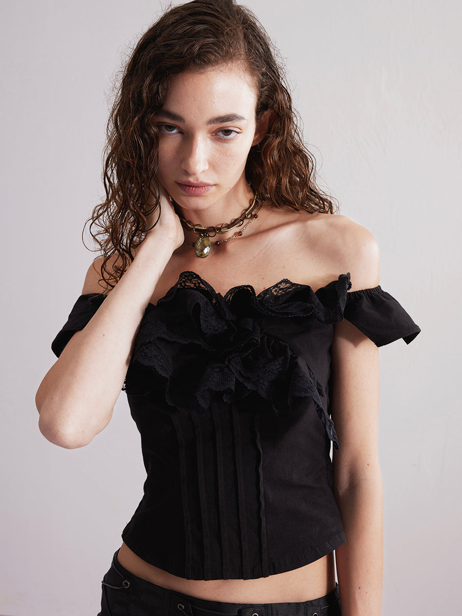 Dotyears24ss Lace roll lace panelled one-shoulder top