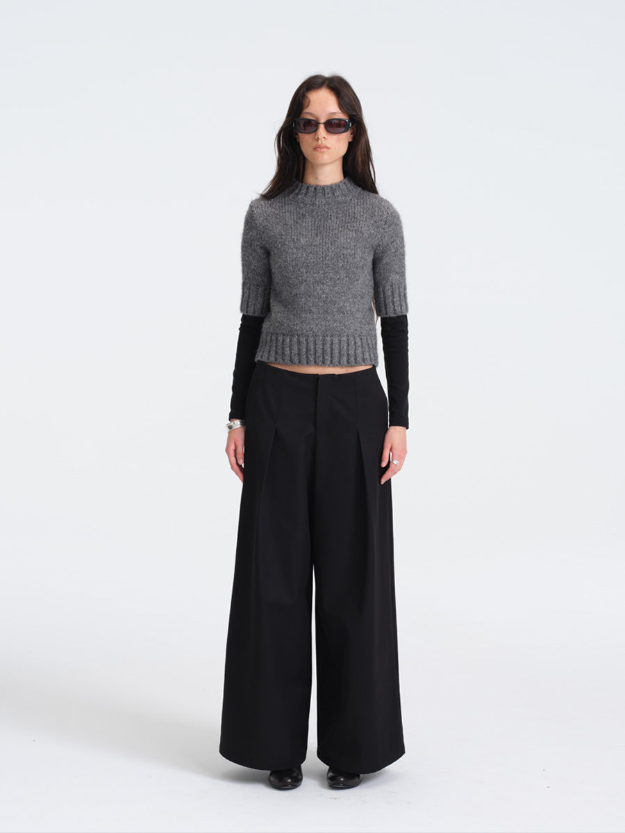 Hughum Gray Chunky Knit Mid-Sleeve Sweater