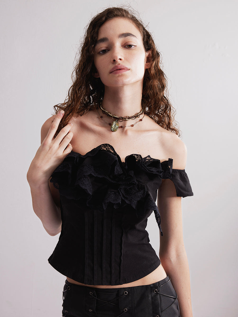 Dotyears24ss Lace roll lace panelled one-shoulder top