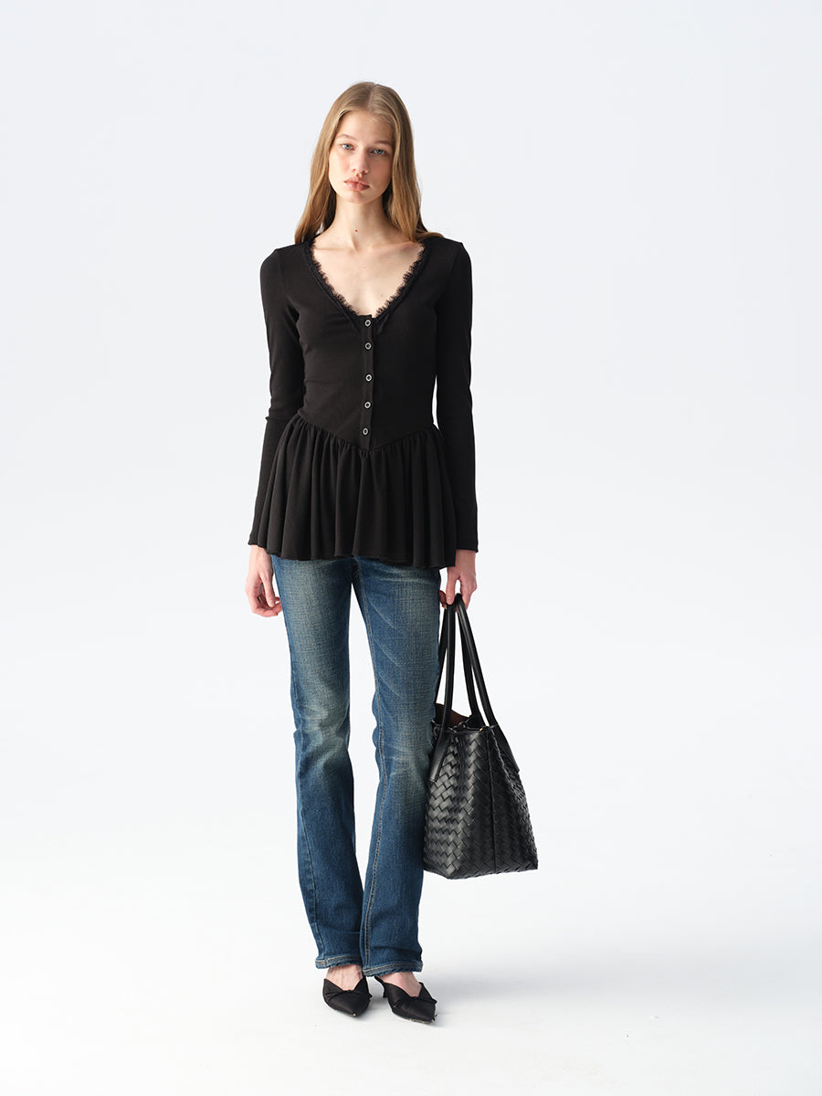Dotyears Long Black Layering Top with Lace Panels