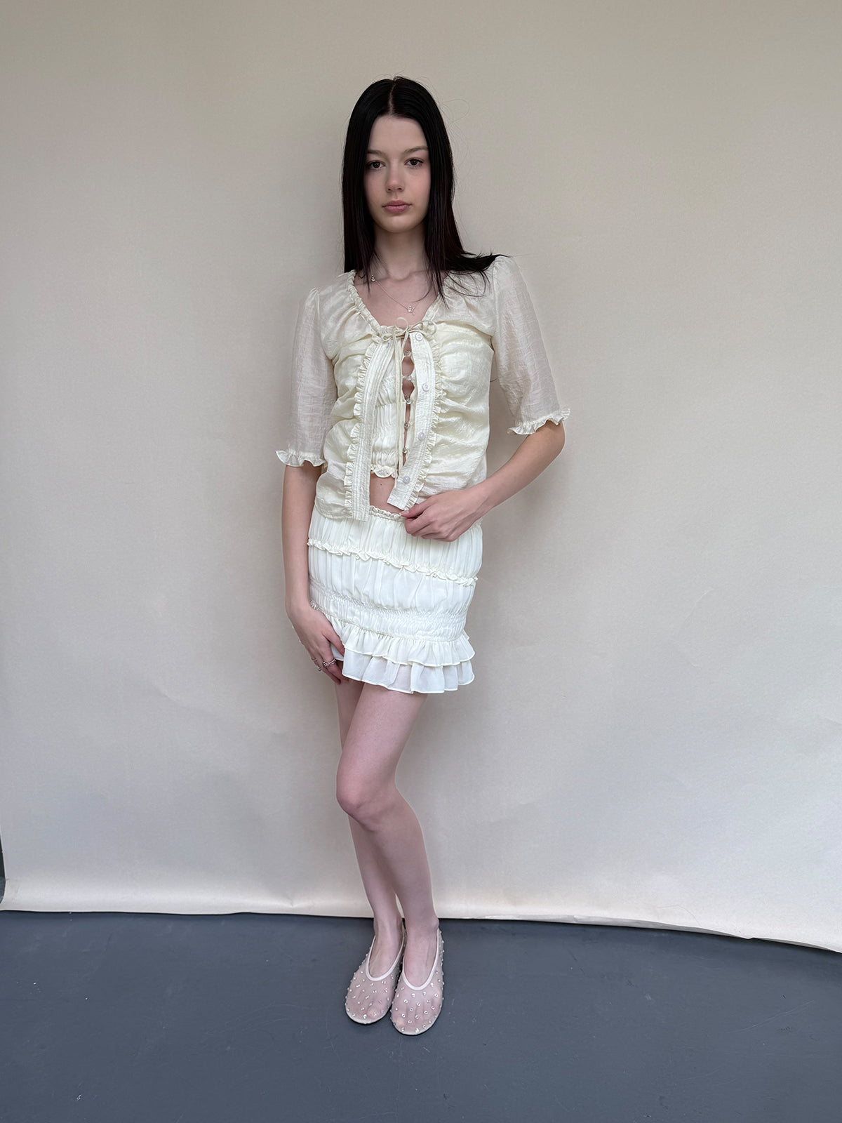 Dotyears Ruched Tie Lace Trim Elbow Sleeve Shirt