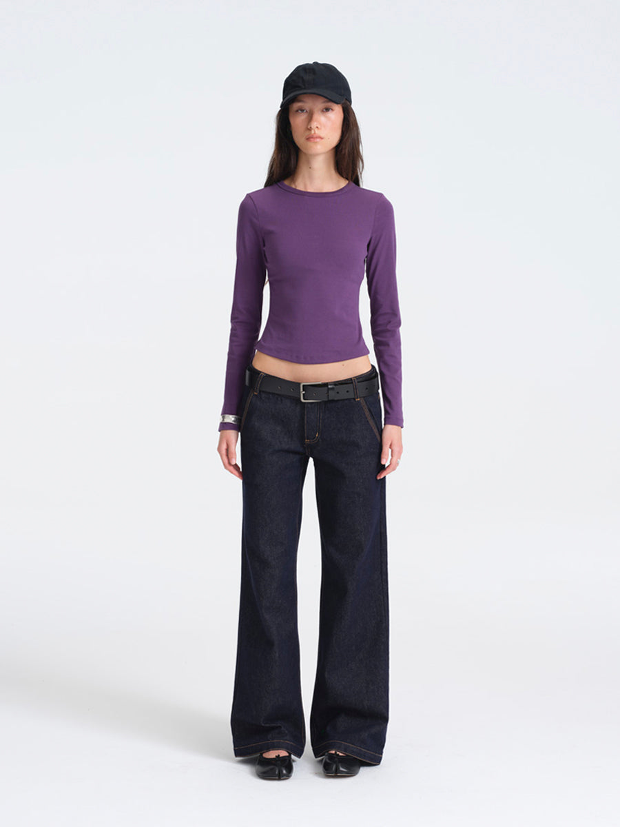 Hughum Solid Color Crewneck Knit Long Sleeve Top