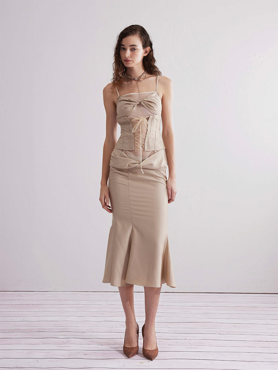 Dotyears24ss Champagne gold-panelled mesh kink set fishtail skirt