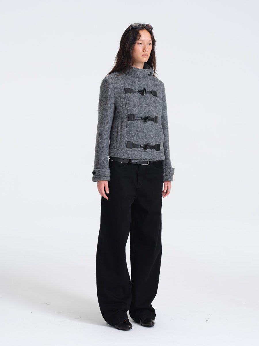 Hughum Gray Wool Coat with Leather Buttons