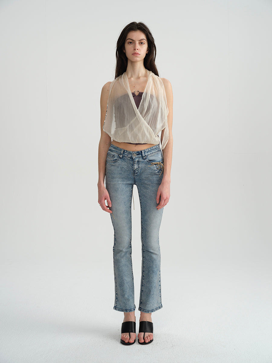 Dotyears Embroidered beaded yarn bandeau fake two-piece top