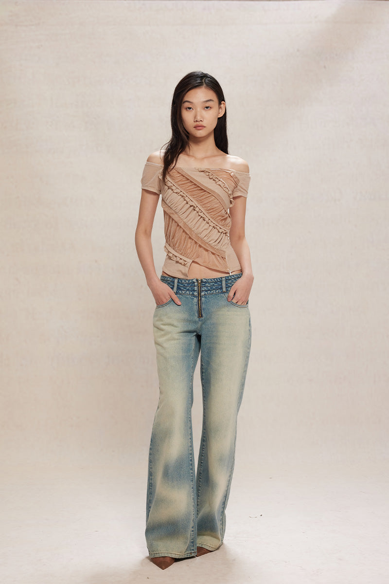 Dotyears24ss Slim-fitting apricot crop top in diamond mesh lace panelled knit