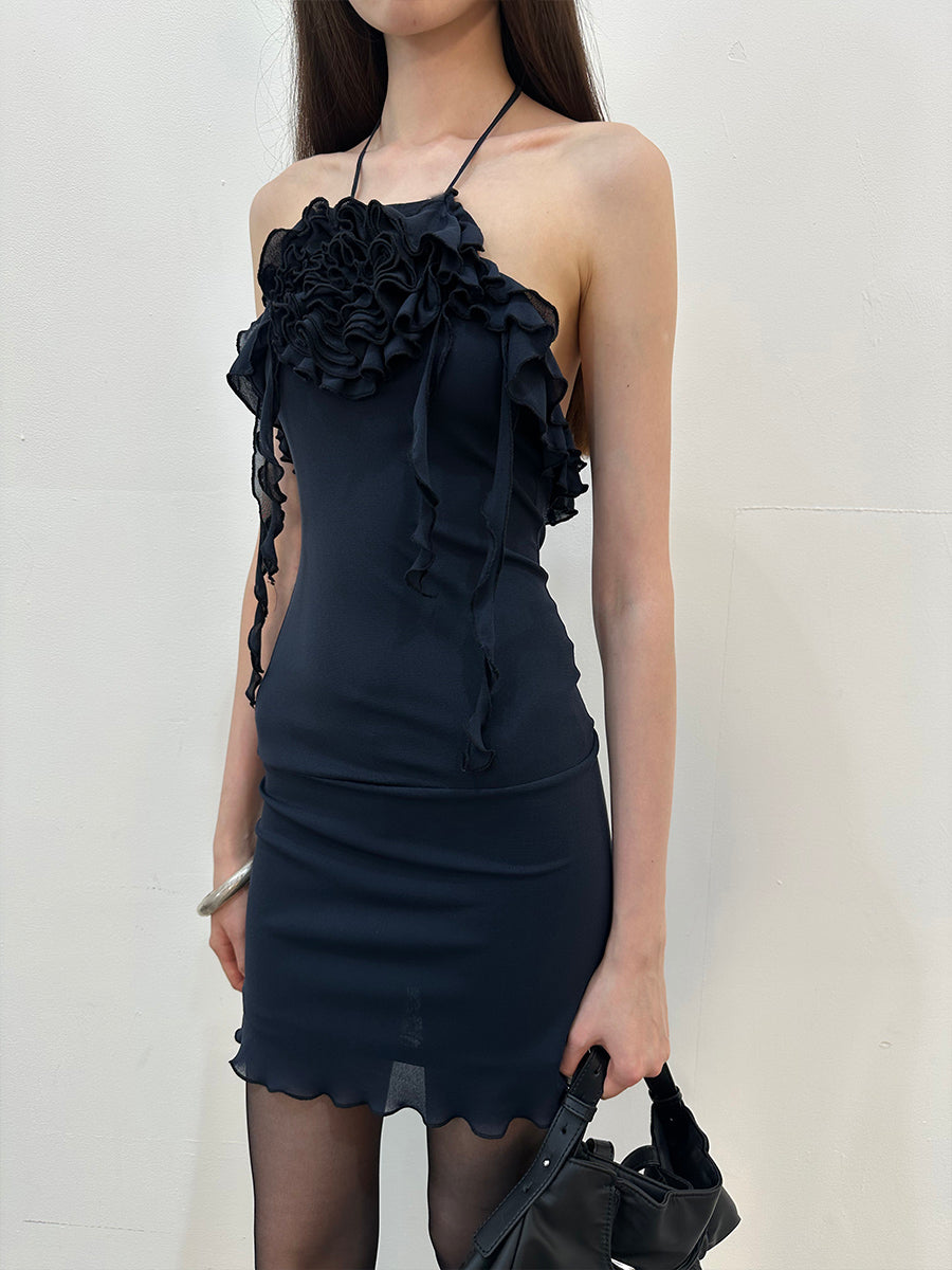 Dotyears Mesh lace panelled navy blue slim dress