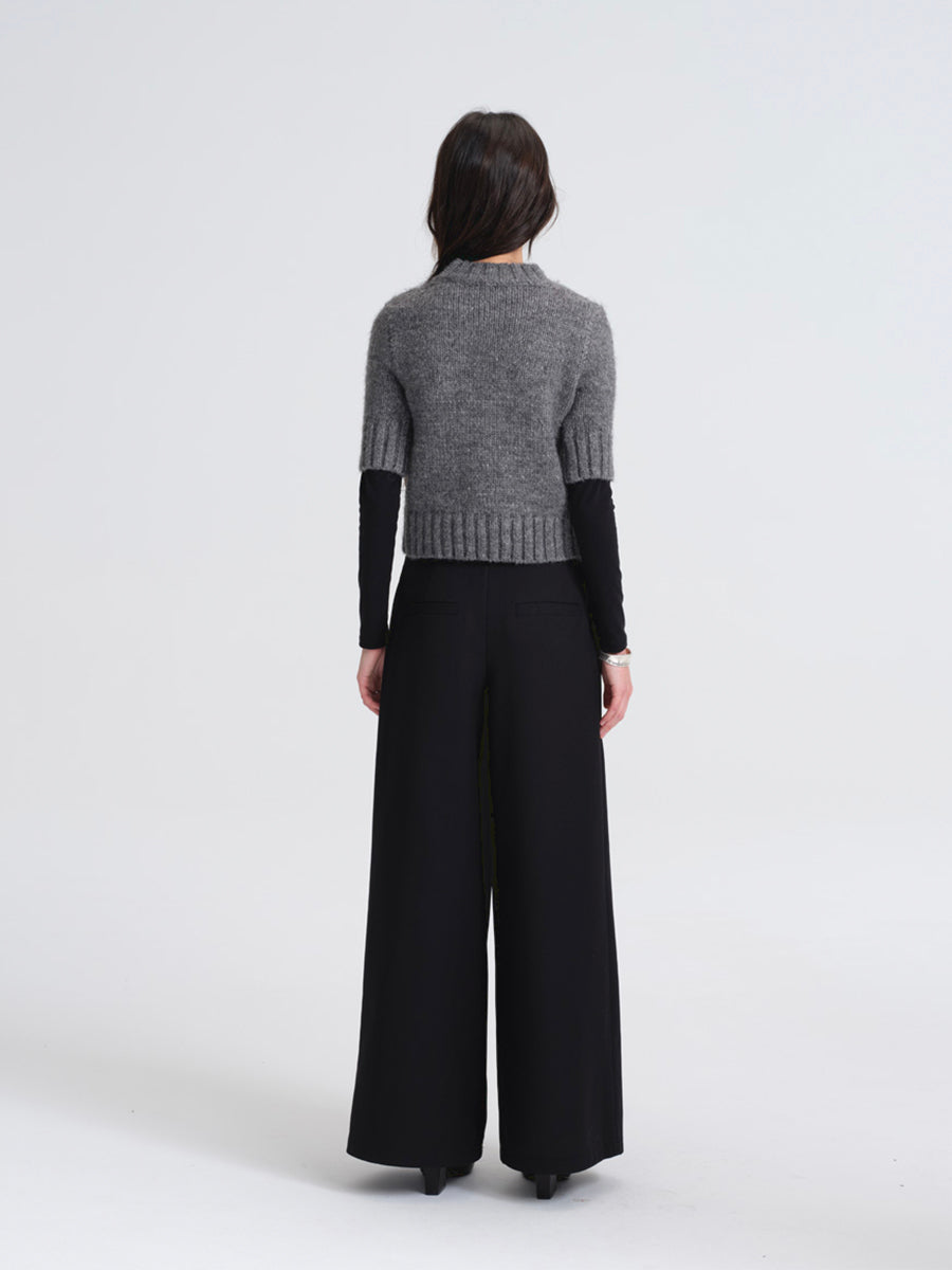 Hughum Gray Chunky Knit Mid-Sleeve Sweater