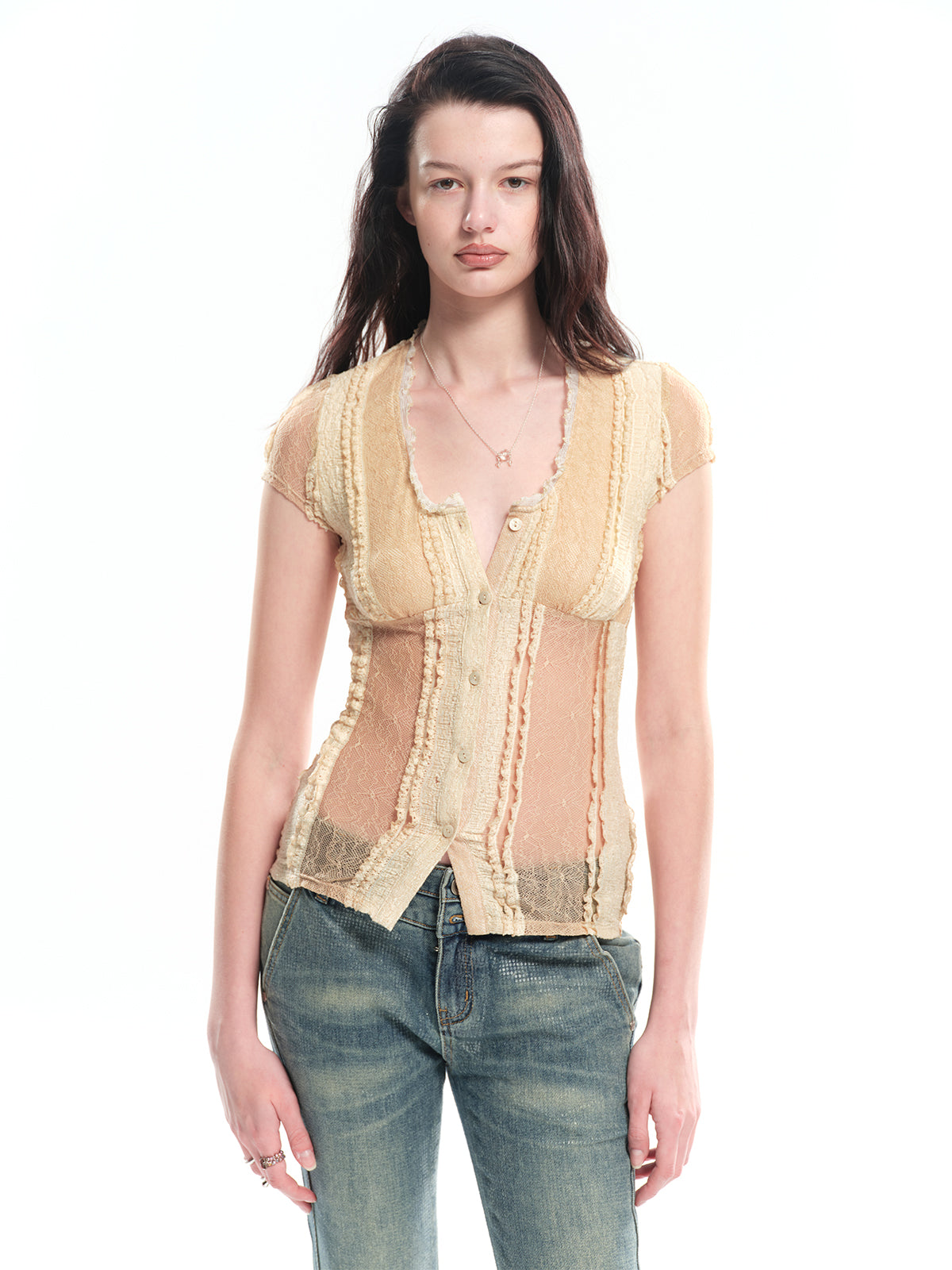 Dotyears U-neck lace patchwork top