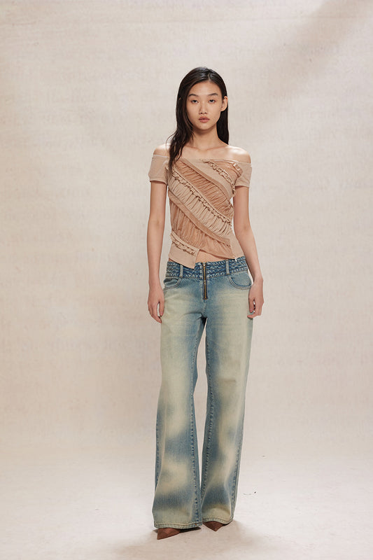Dotyears24ss Slim-fitting apricot crop top in diamond mesh lace panelled knit