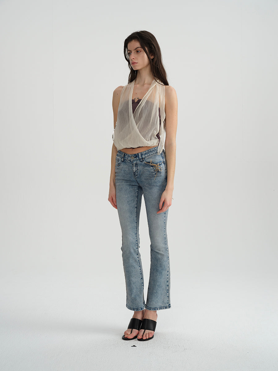 Dotyears Embroidered beaded yarn bandeau fake two-piece top