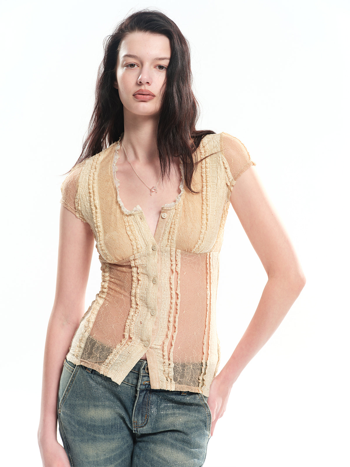 Dotyears U-neck lace patchwork top