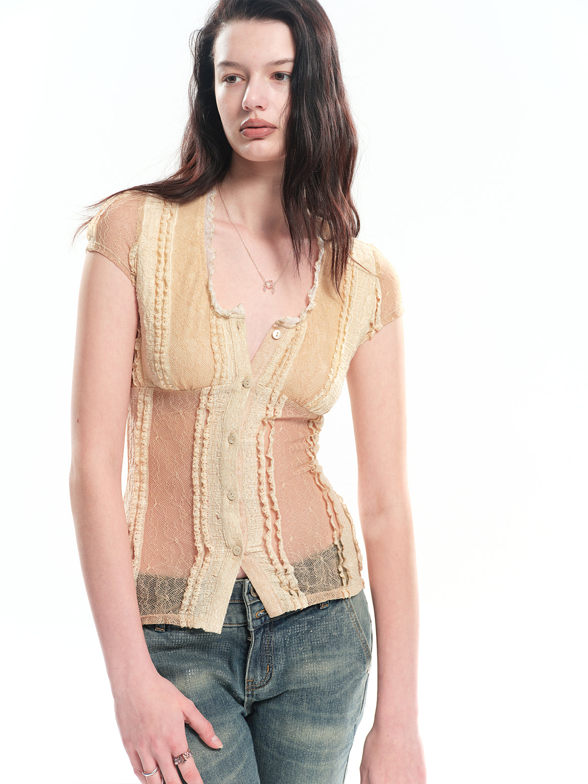 Dotyears U-neck lace patchwork top