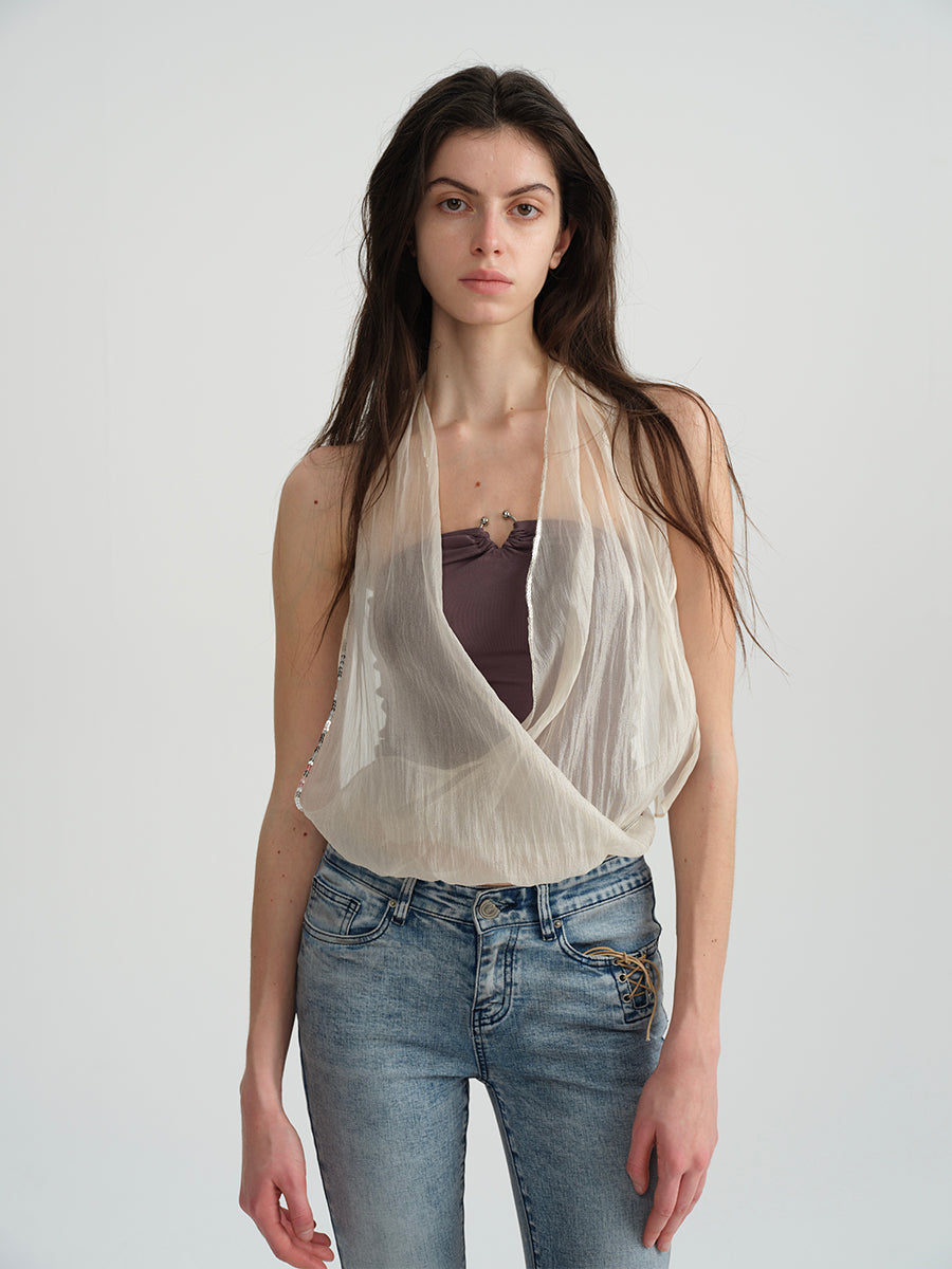 Dotyears Embroidered beaded yarn bandeau fake two-piece top