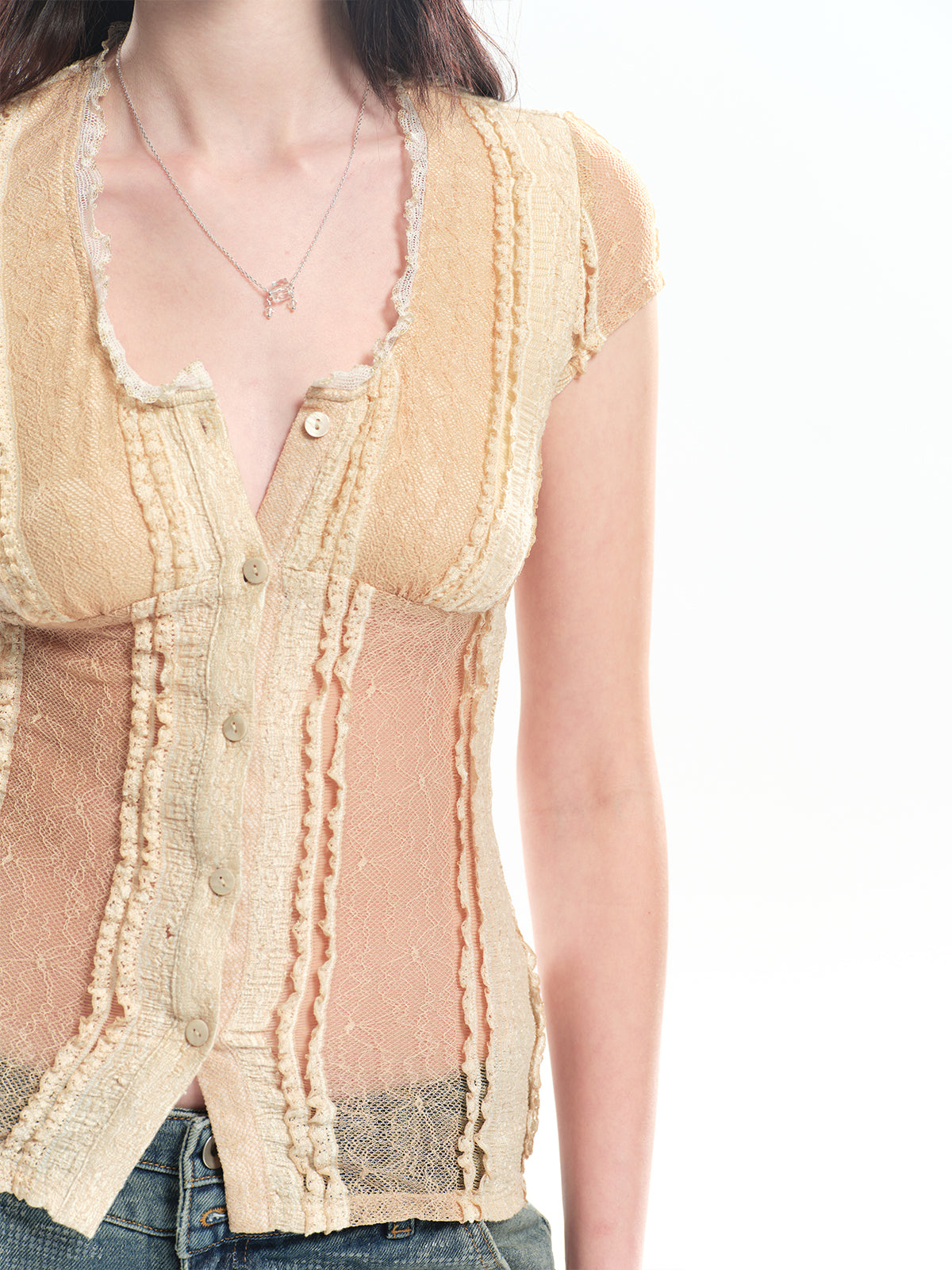 Dotyears U-neck lace patchwork top