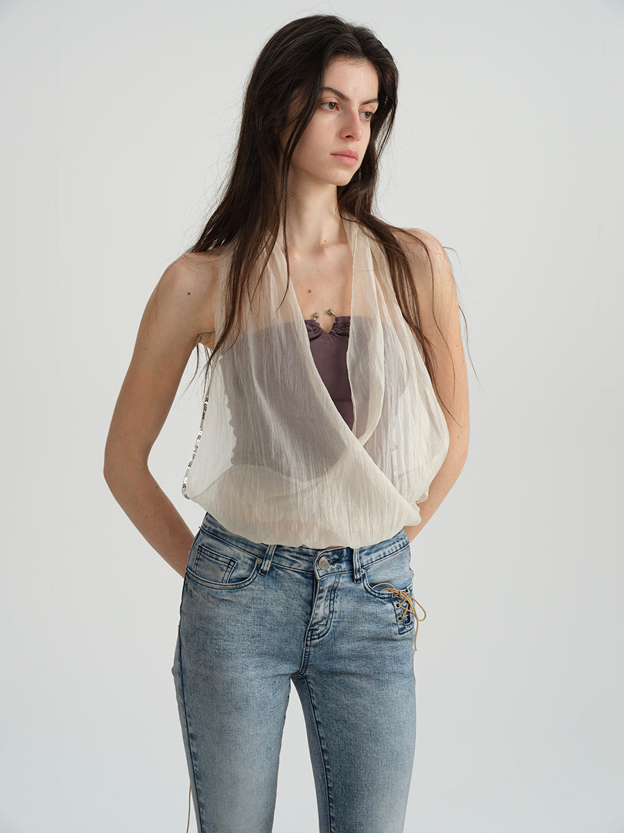 Dotyears Embroidered beaded yarn bandeau fake two-piece top