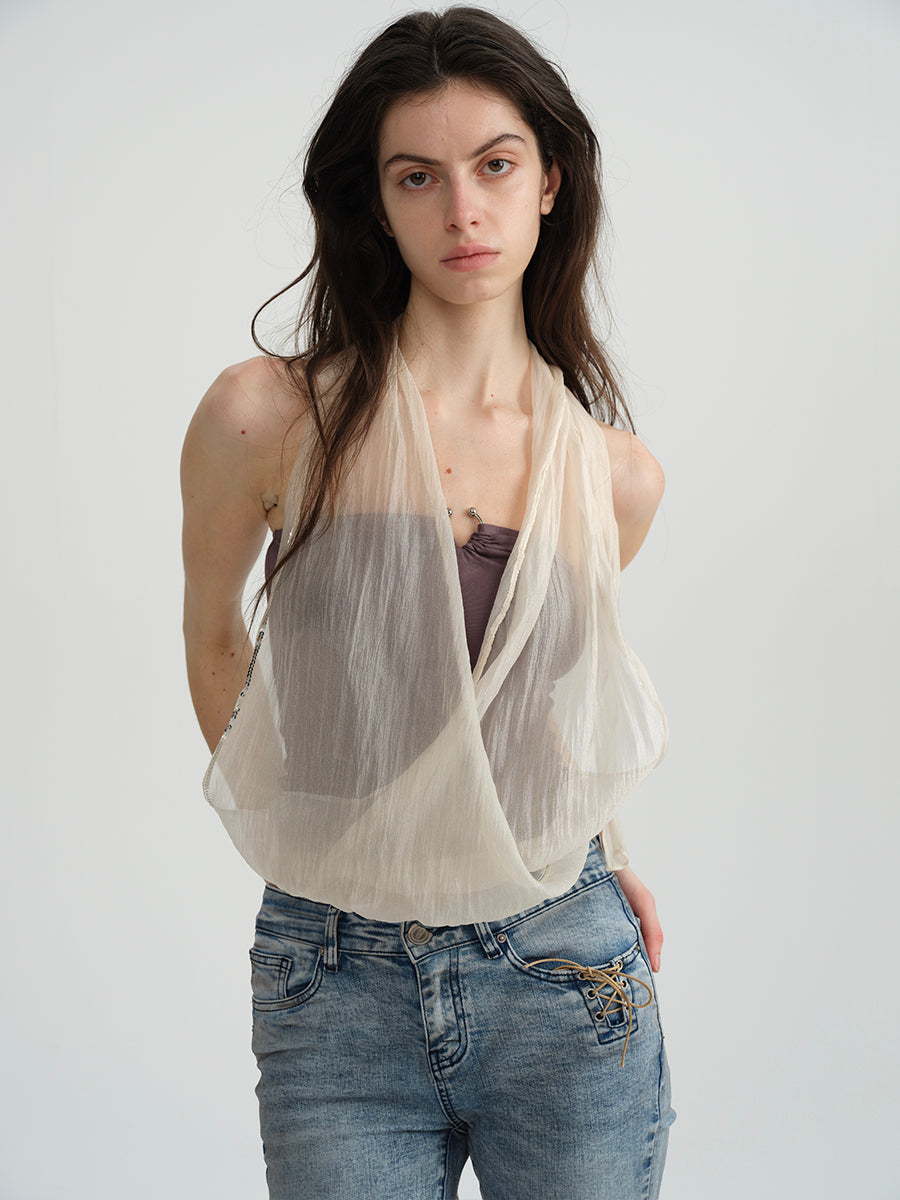 Dotyears Embroidered beaded yarn bandeau fake two-piece top