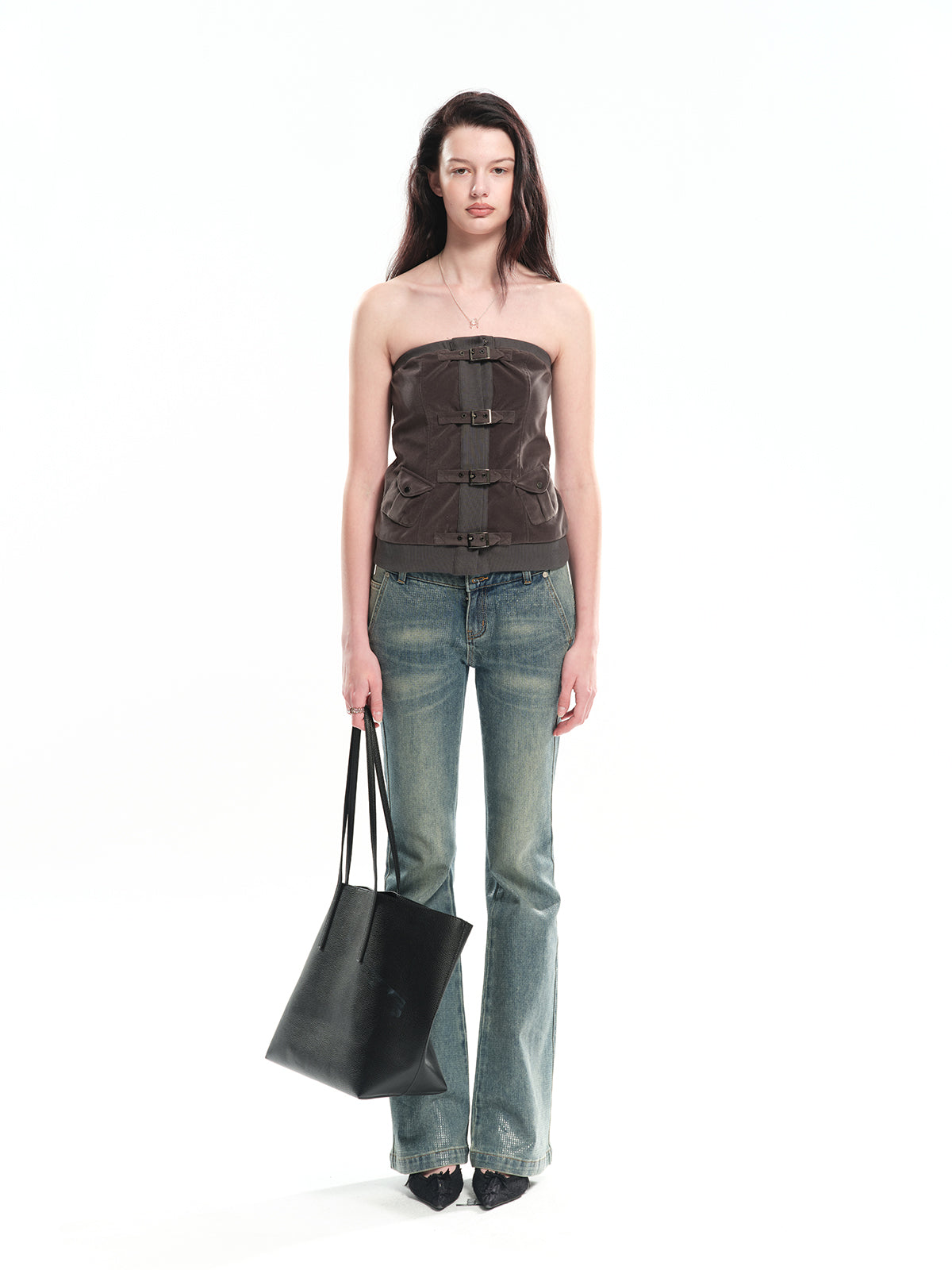 Dotyears Grey velvet camisole top with adjustable metal square buckle