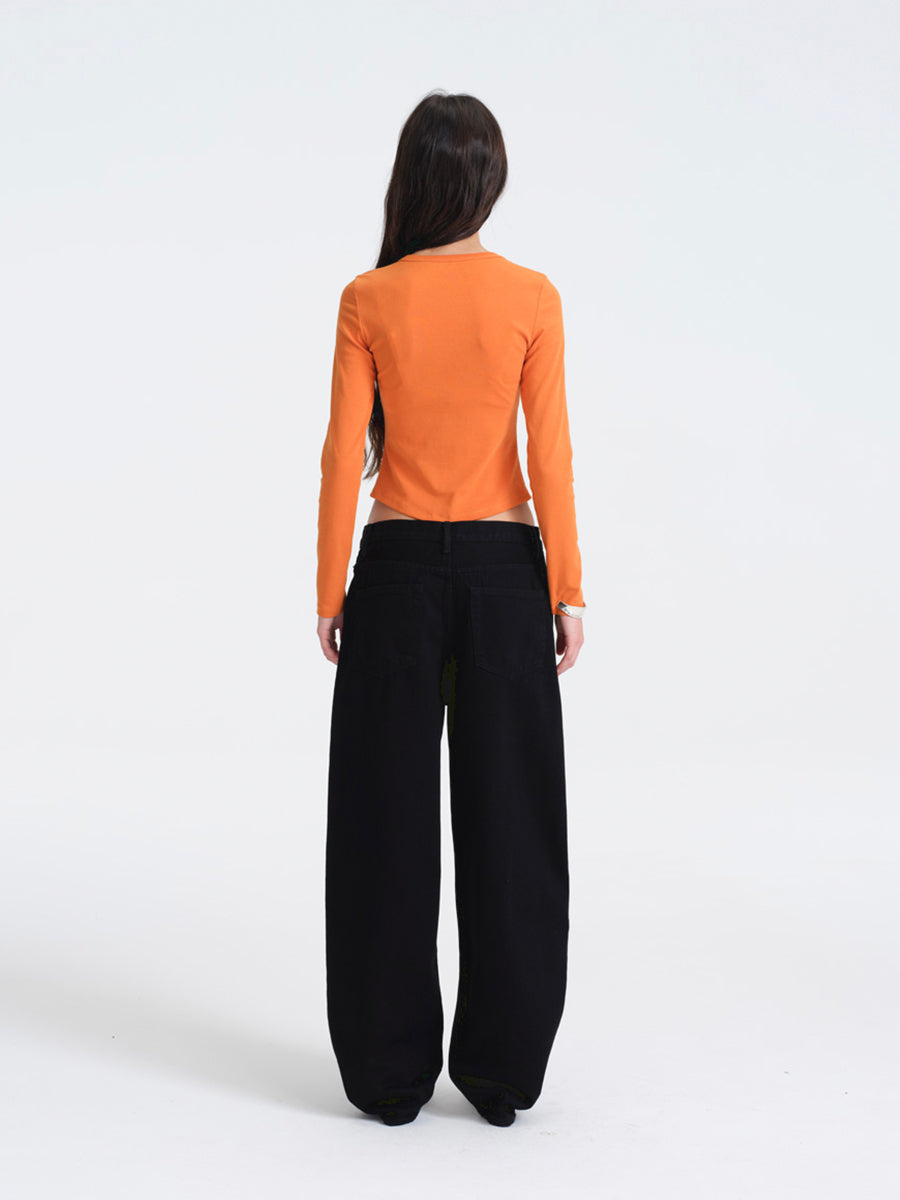 Hughum Solid Color Crewneck Knit Long Sleeve Top