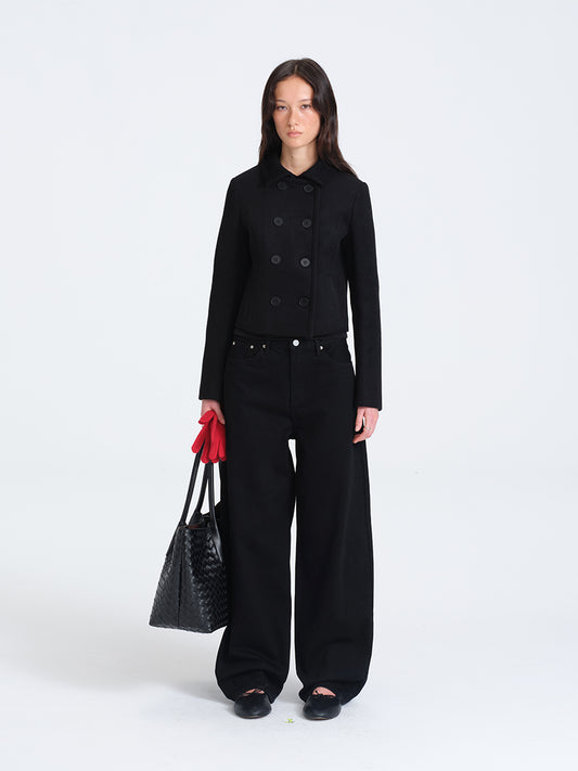 HUGHUM Black Double-Breasted Wool Coat