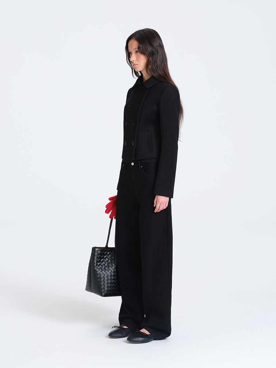 HUGHUM Black Double-Breasted Wool Coat