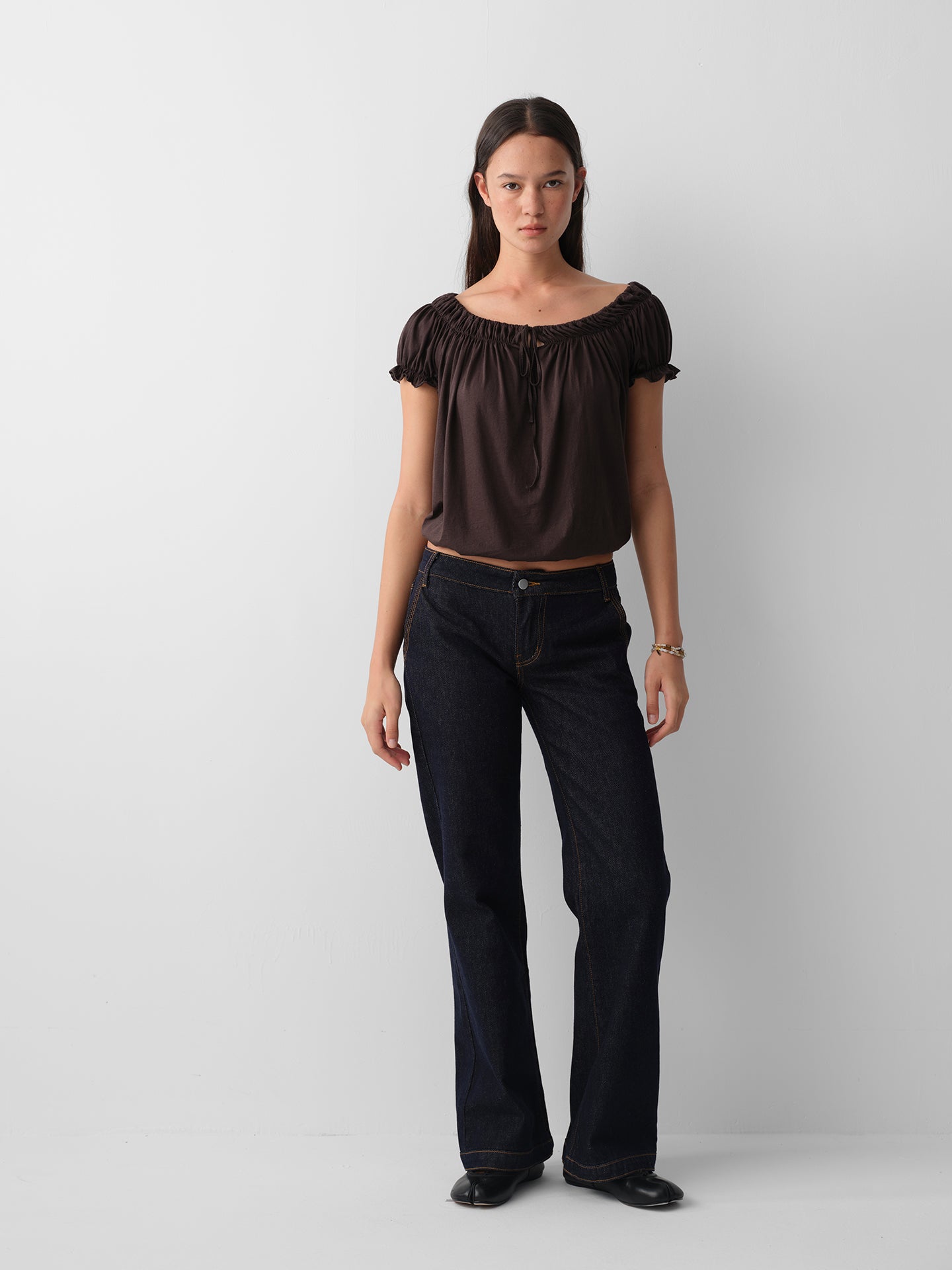 Hughum Cotton-Feel Drawstring Tie Short Sleeve Top
