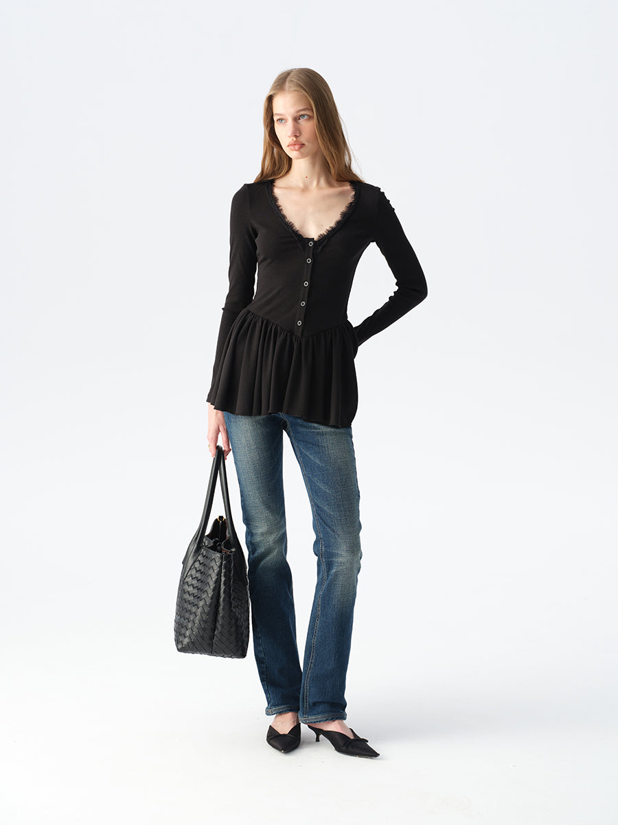 Dotyears Long Black Layering Top with Lace Panels