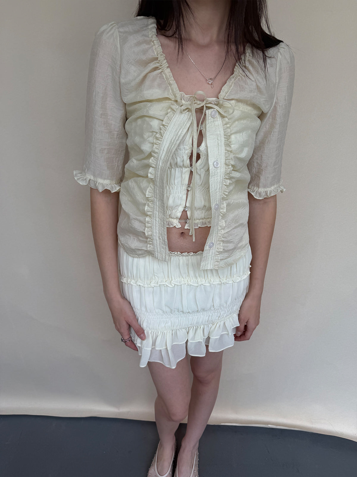 Dotyears Ruched Tie Lace Trim Elbow Sleeve Shirt