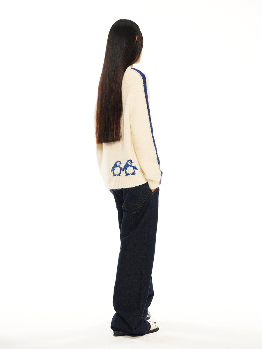 Hughum Blue and white contrasting penguin-blend sweater