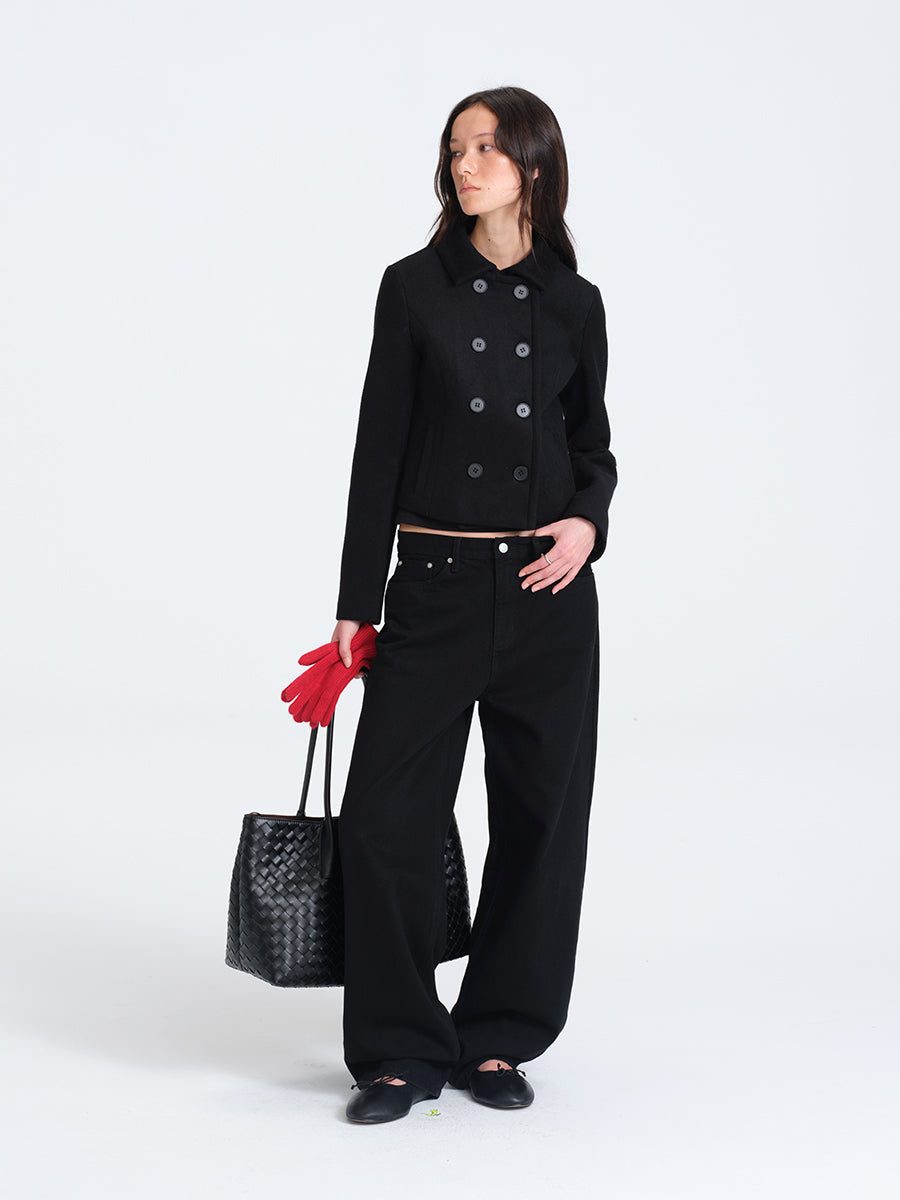 HUGHUM Black Double-Breasted Wool Coat