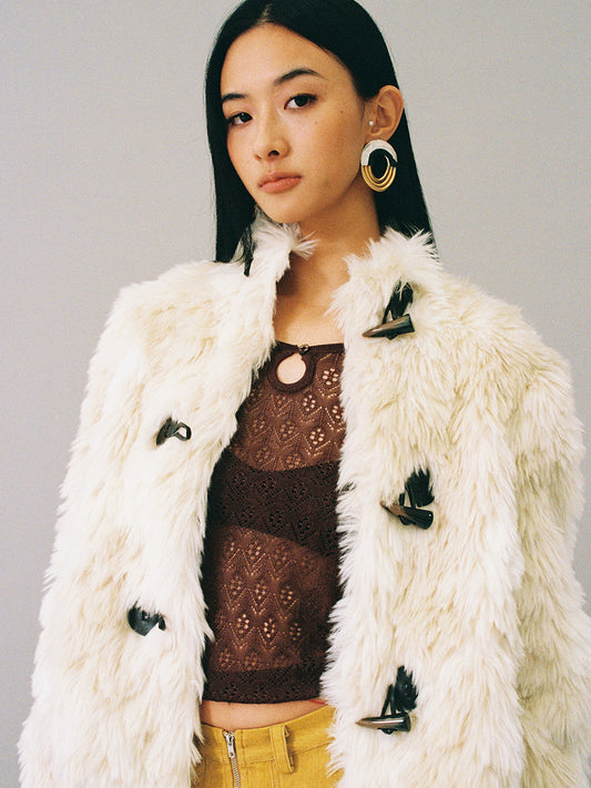 Dotyears Off-White Toggle Button Plush Coat