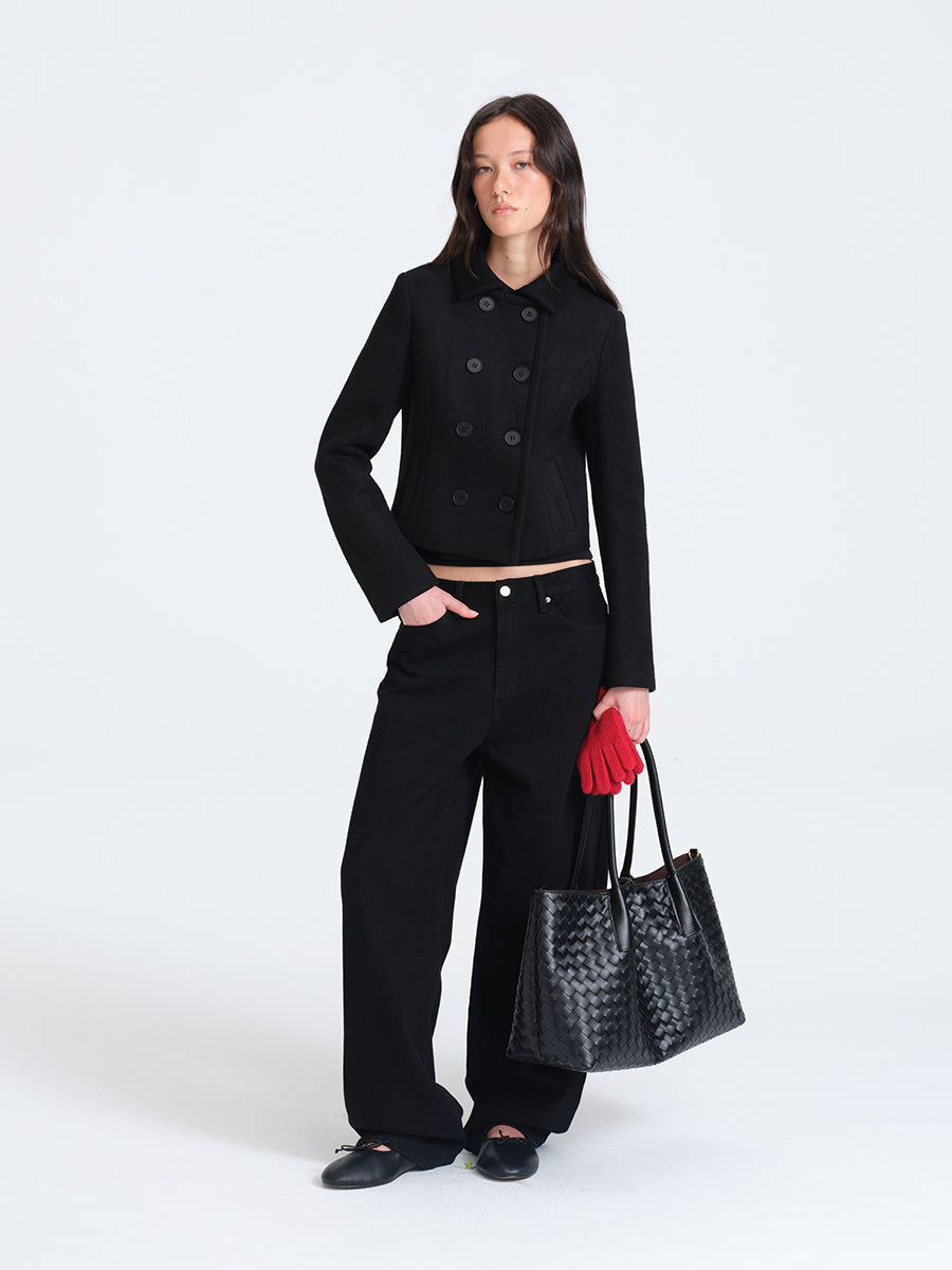 HUGHUM Black Double-Breasted Wool Coat