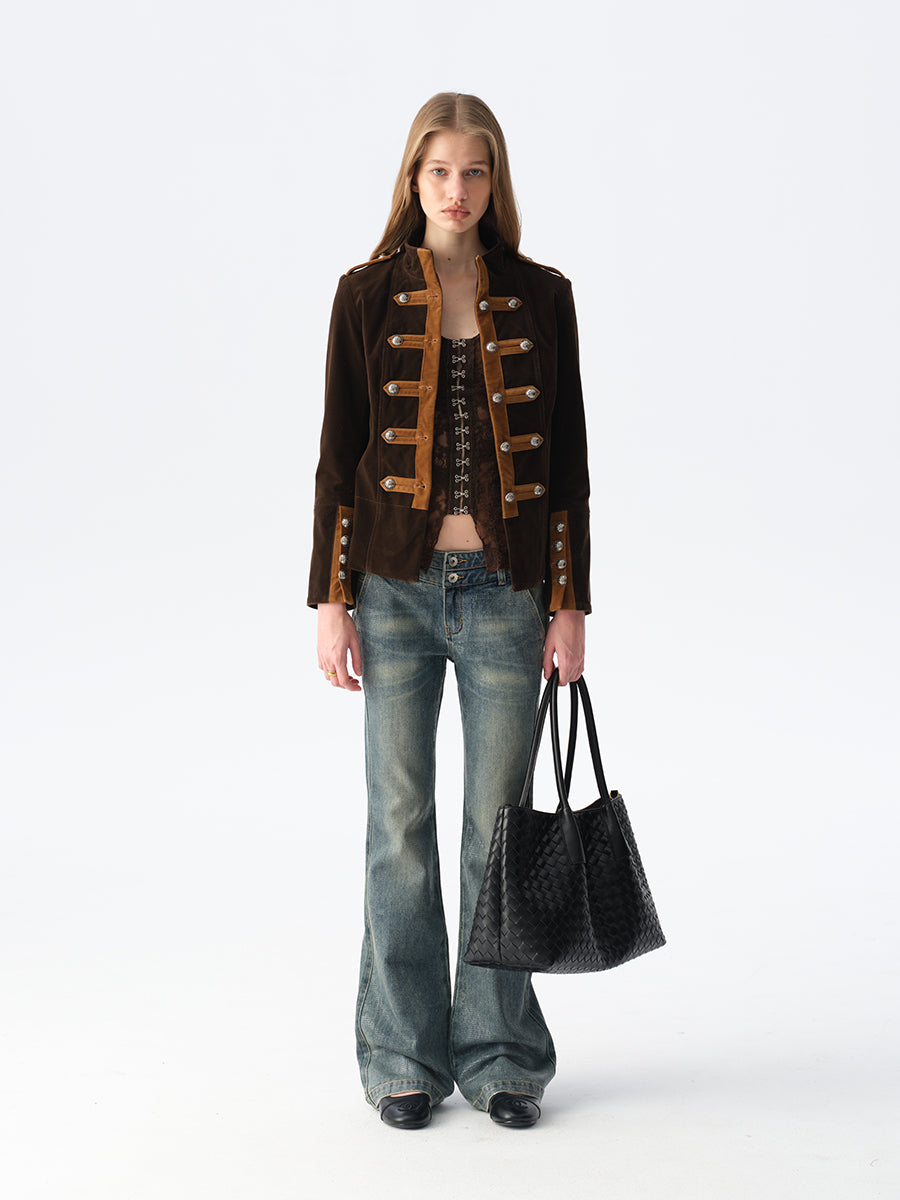 Dotyears Brown Color-Block Velvet Jacket