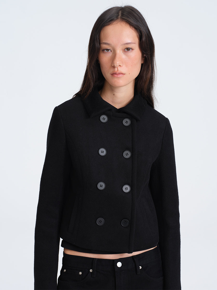 HUGHUM Black Double-Breasted Wool Coat