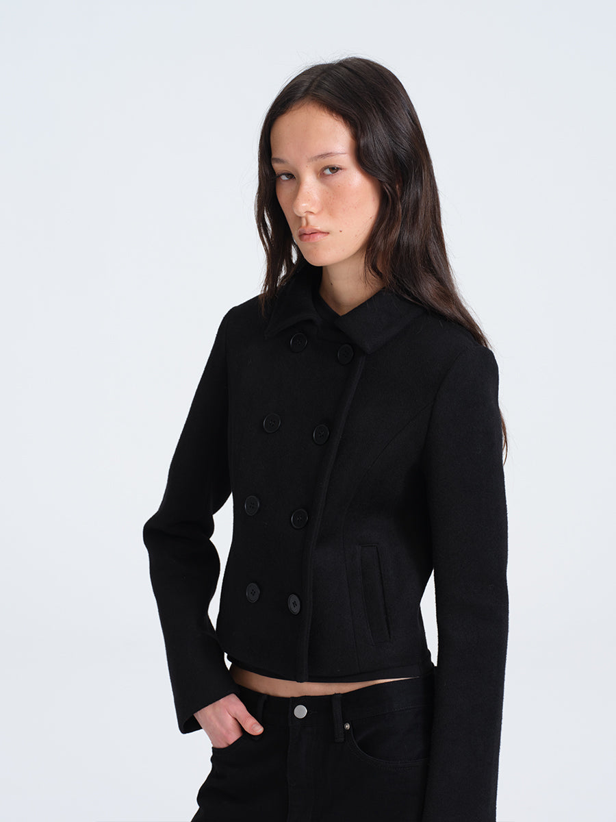 HUGHUM Black Double-Breasted Wool Coat