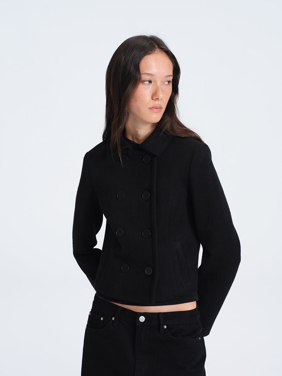 HUGHUM Black Double-Breasted Wool Coat