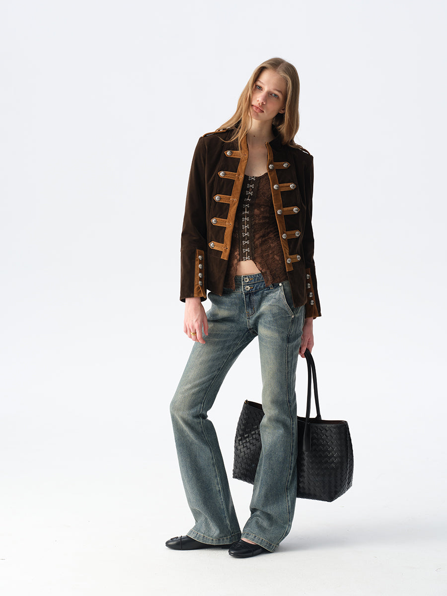 Dotyears Brown Color-Block Velvet Jacket