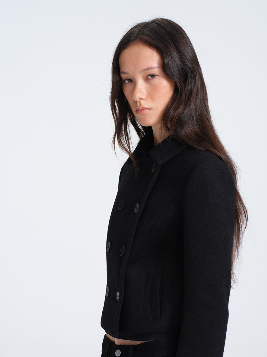HUGHUM Black Double-Breasted Wool Coat