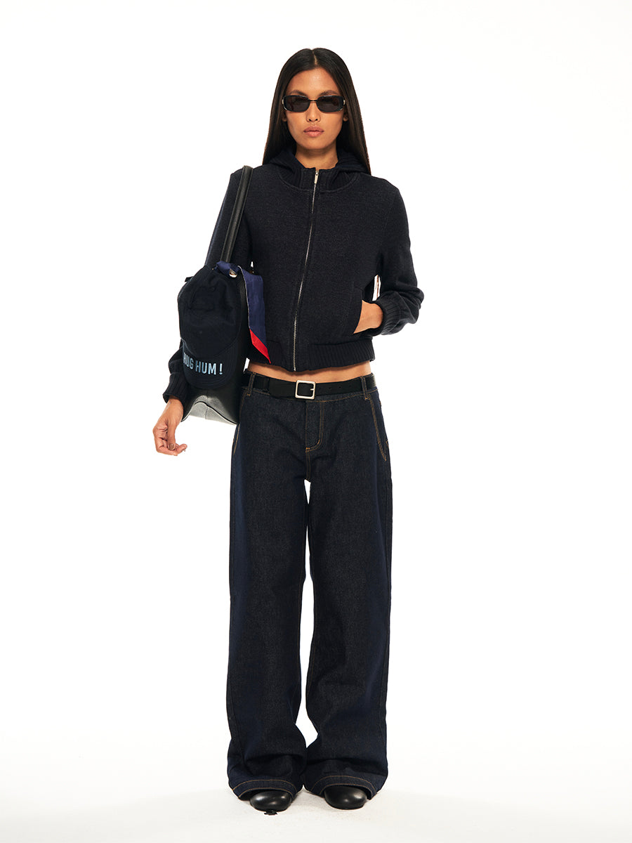 Hughum Navy blue knitted panel threaded sweatshirt jacket