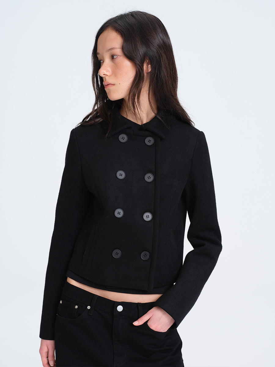 HUGHUM Black Double-Breasted Wool Coat