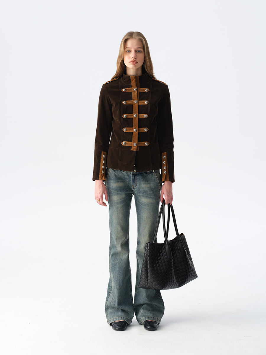 Dotyears Brown Color-Block Velvet Jacket