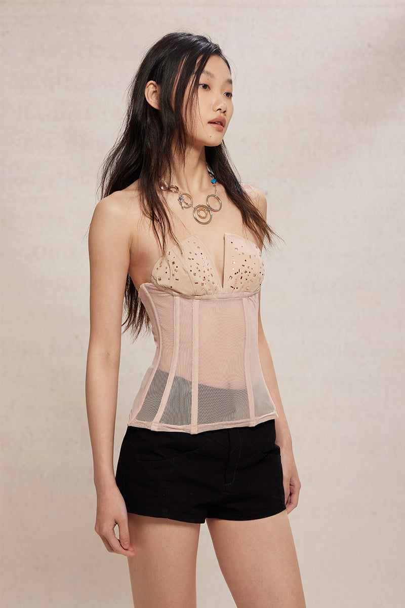 Dotyears24ss Mesh hot drill herringbone craft nude slim corset