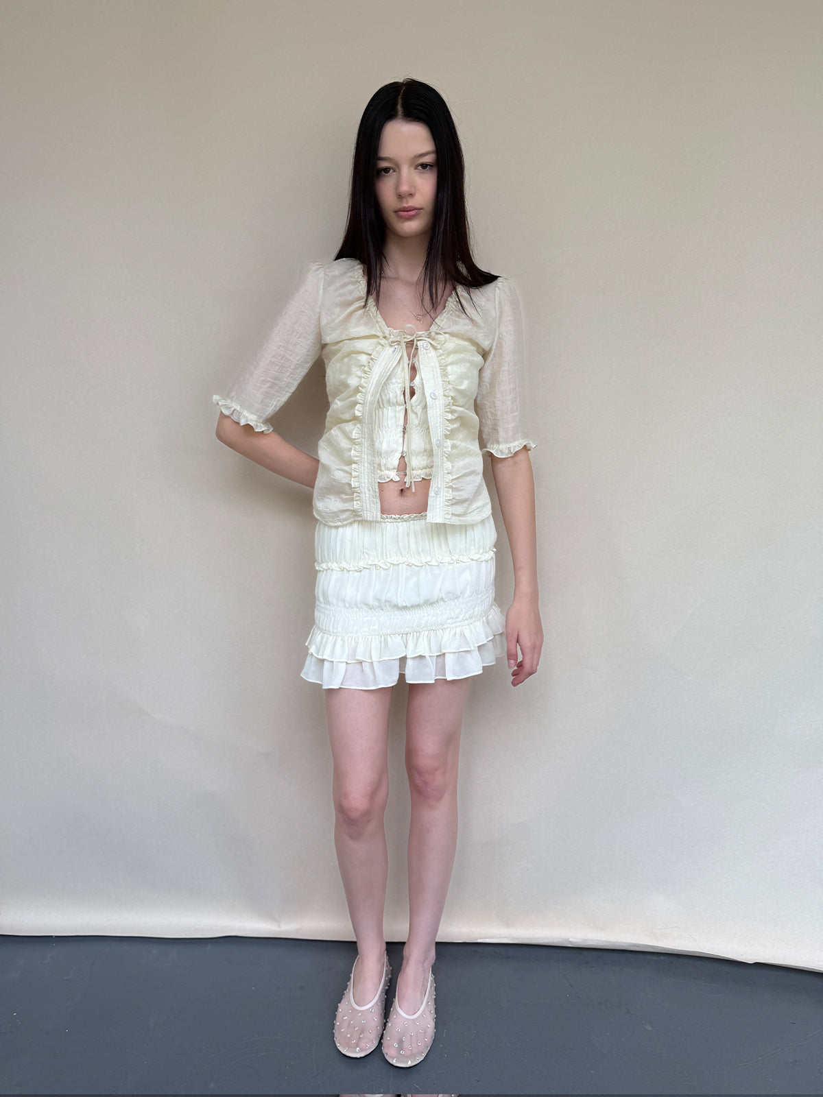 Dotyears Ruched Tie Lace Trim Elbow Sleeve Shirt