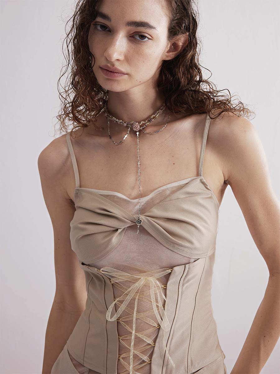 Dotyears24ss Champagne gold-panelled mesh kink set fishtail skirt