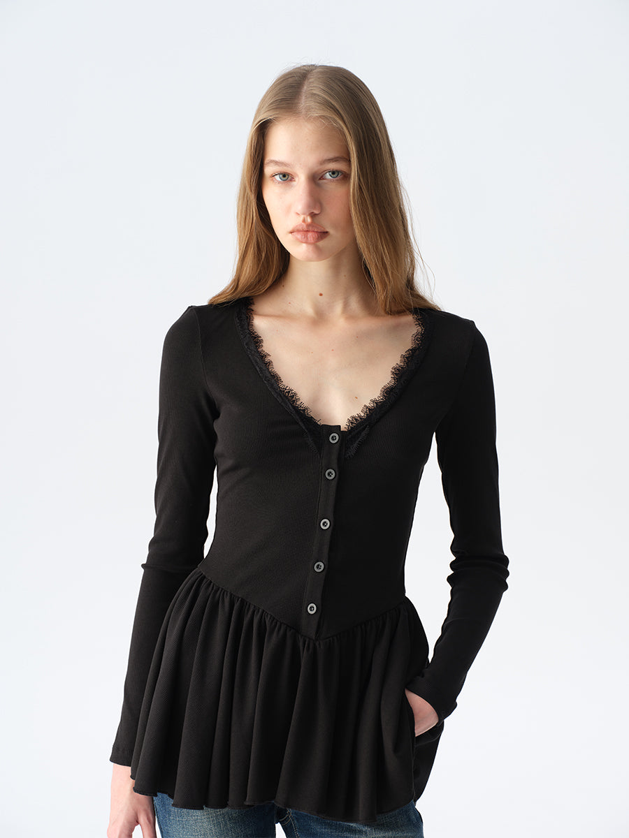 Dotyears Long Black Layering Top with Lace Panels