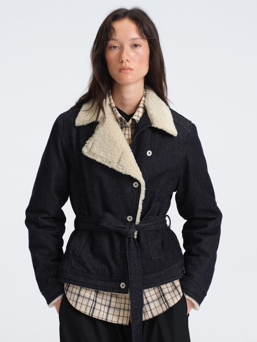 Hughum Lamb's Wool Cotton Denim Asymmetric Placket Coat