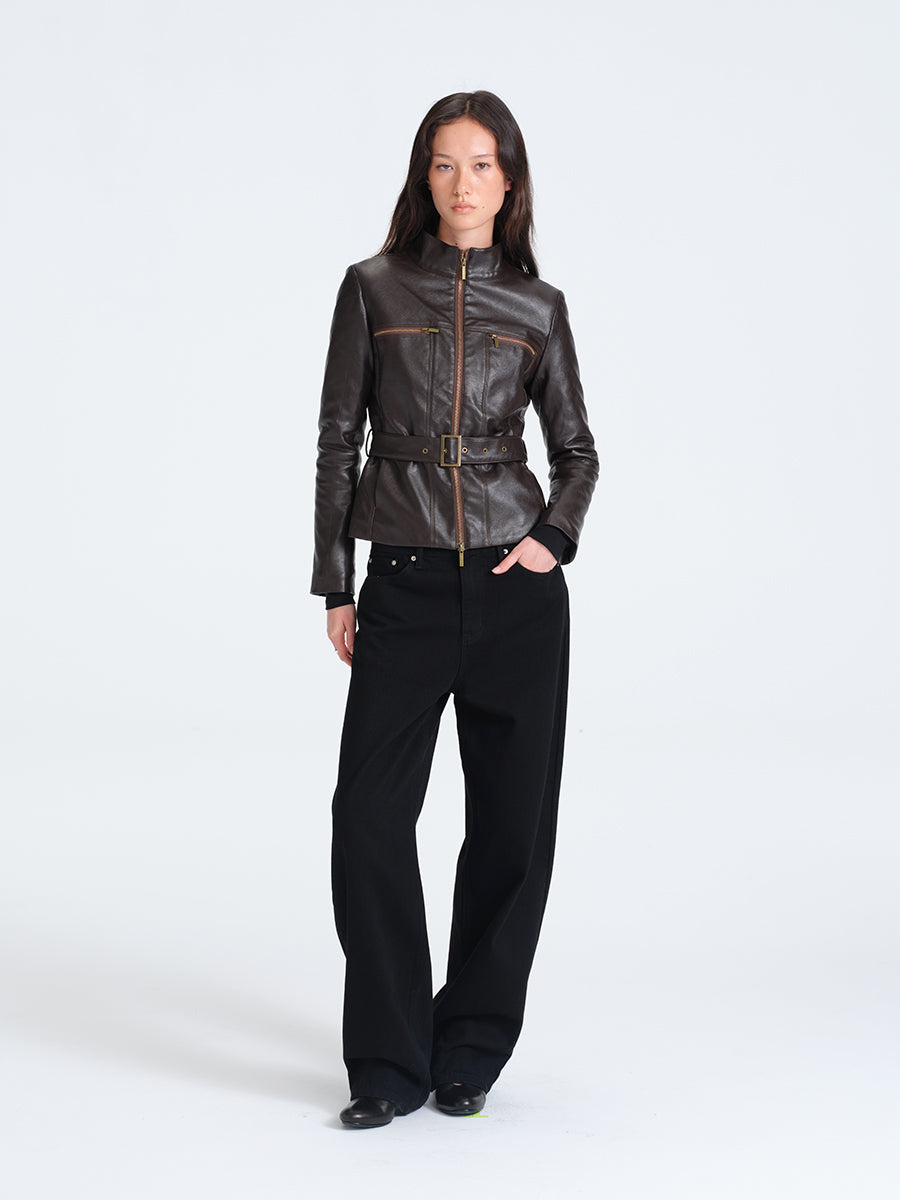 HUGHUM Brown Waisted Leather Jacket