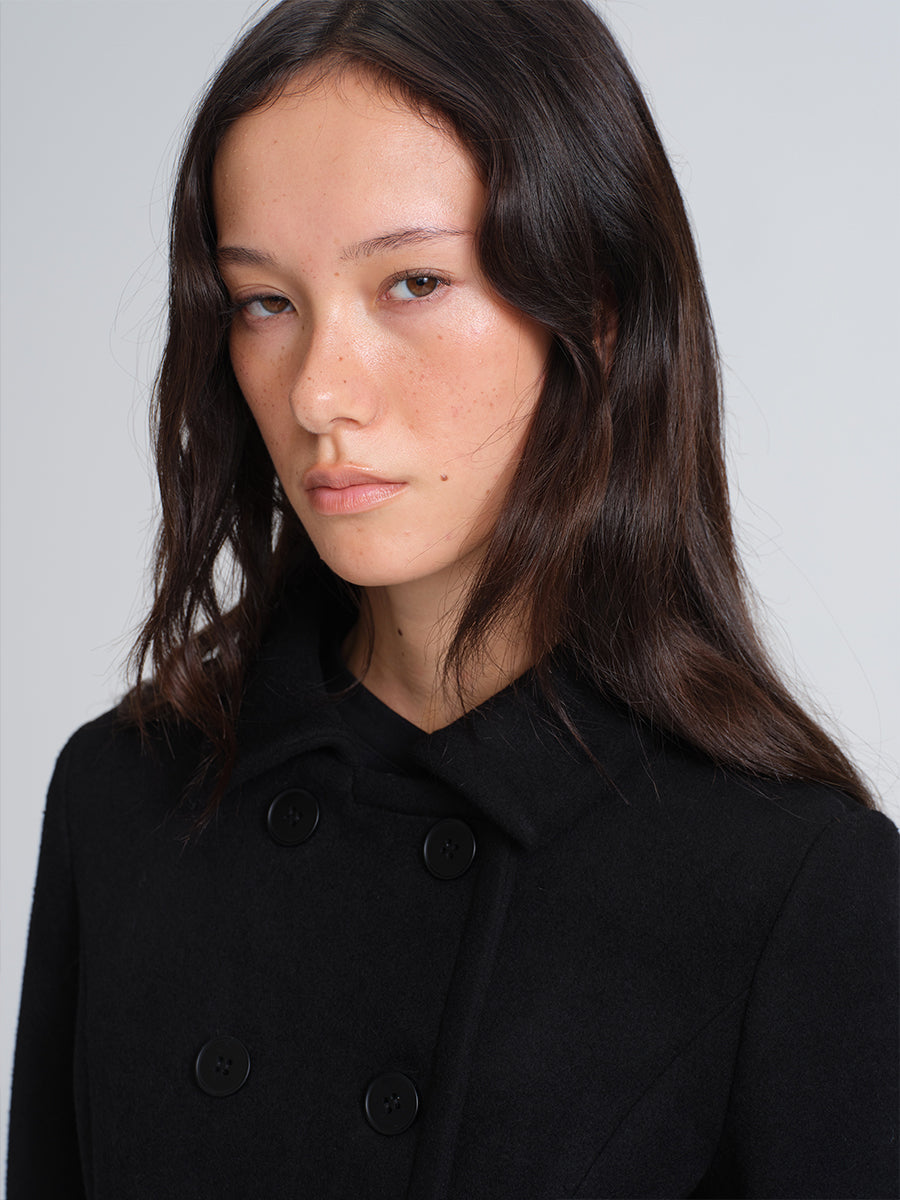 HUGHUM Black Double-Breasted Wool Coat