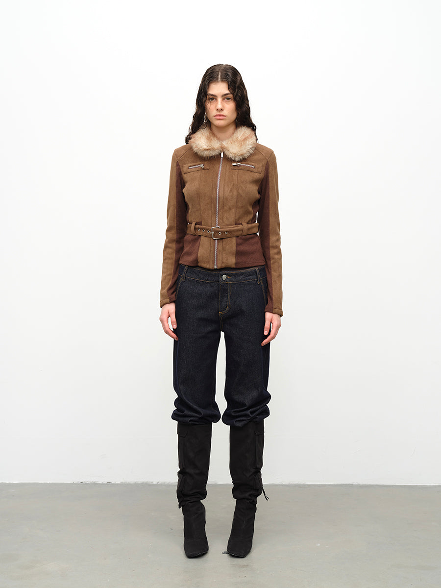 Dotyears24AW Fur collar panelled jacket jacket top